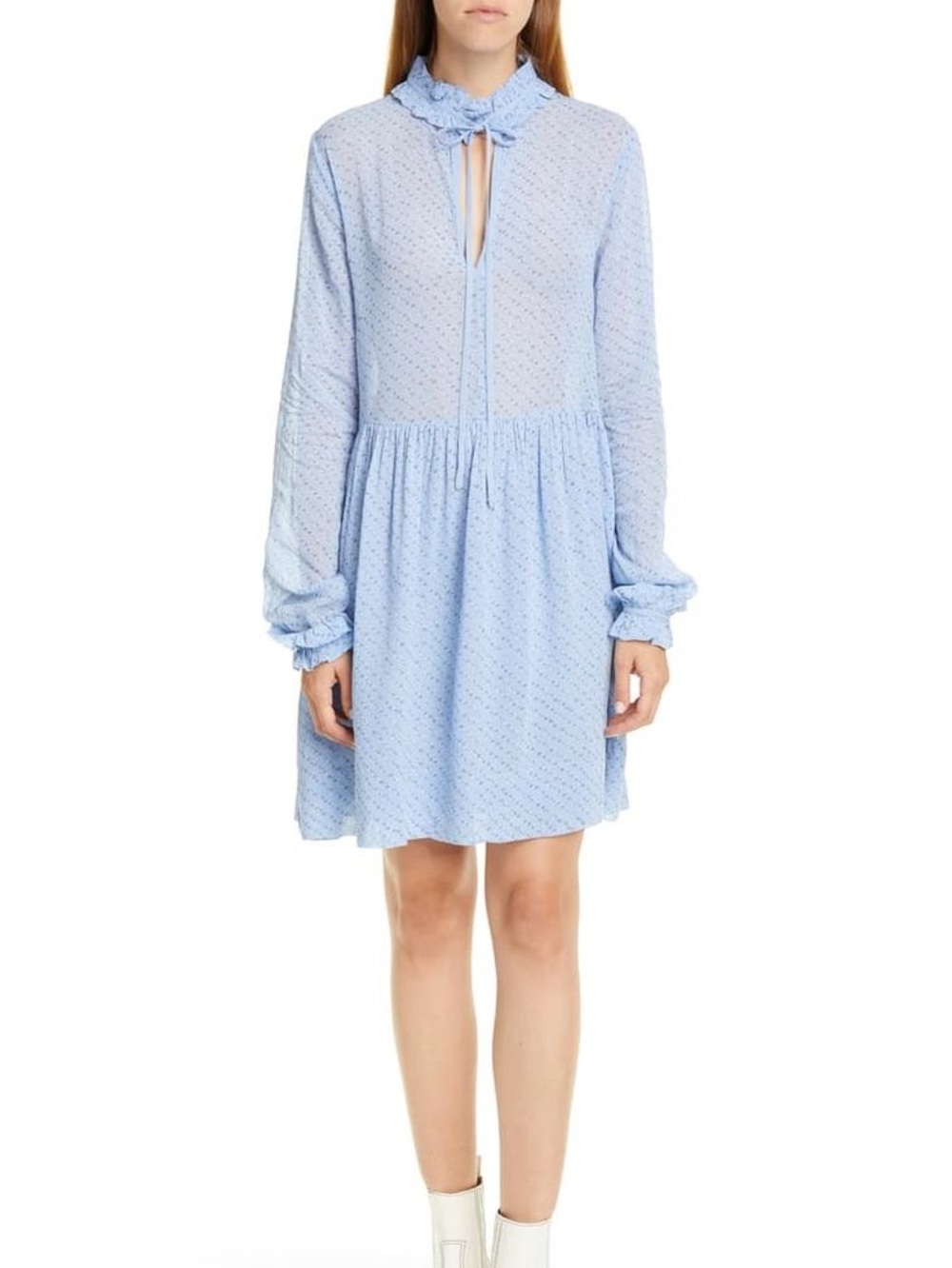 Ganni Light Blue Ruffle Neck Long Sleeve Dress